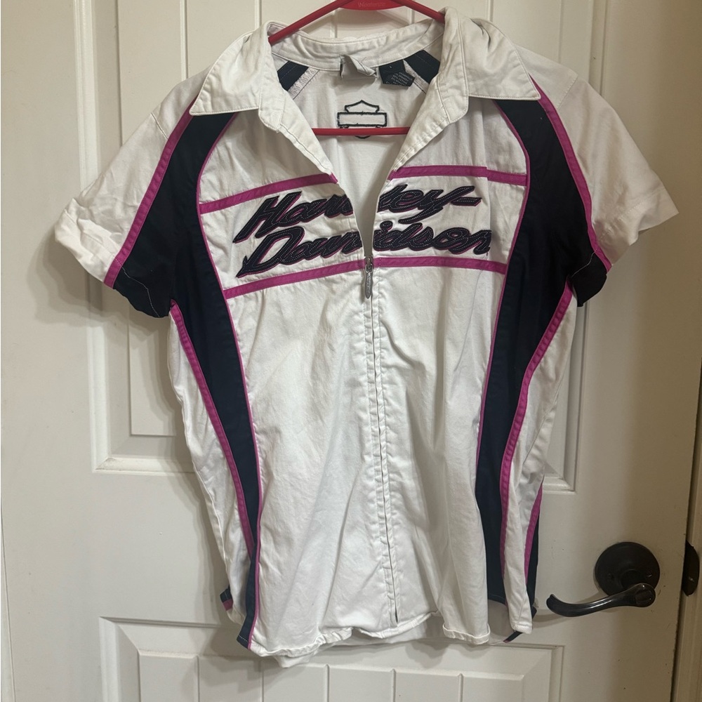 HARLEY DAVIDSON | WHITE | PINK | BLACK | ZIP UP | WORN